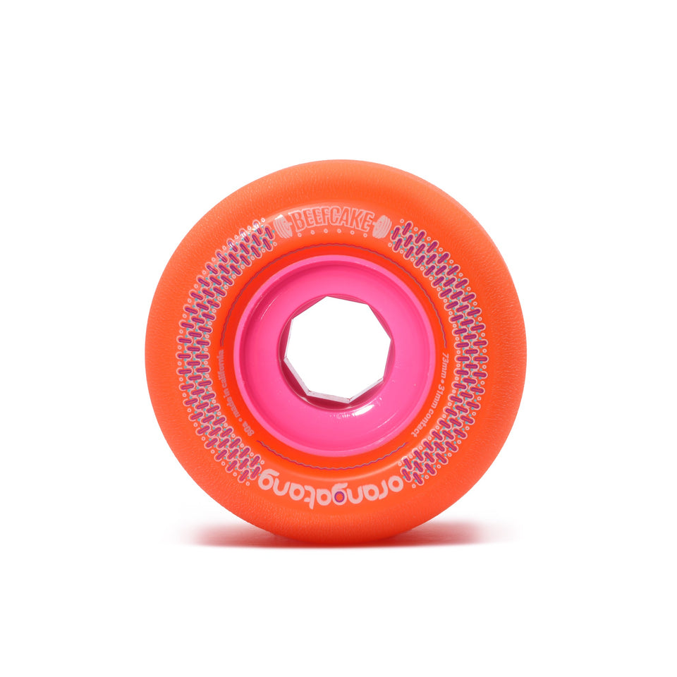 Orangatang 73mm Beefcake (80a, orange) longboard skateboard wheel (front)