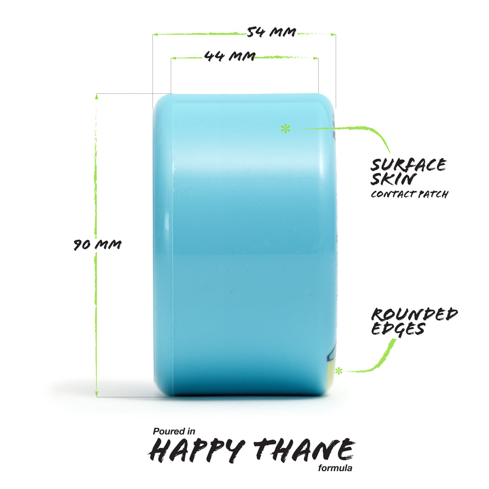 Orangatang 90mm Bee's Knees (77a, blue) longboard skateboard wheel, infographic