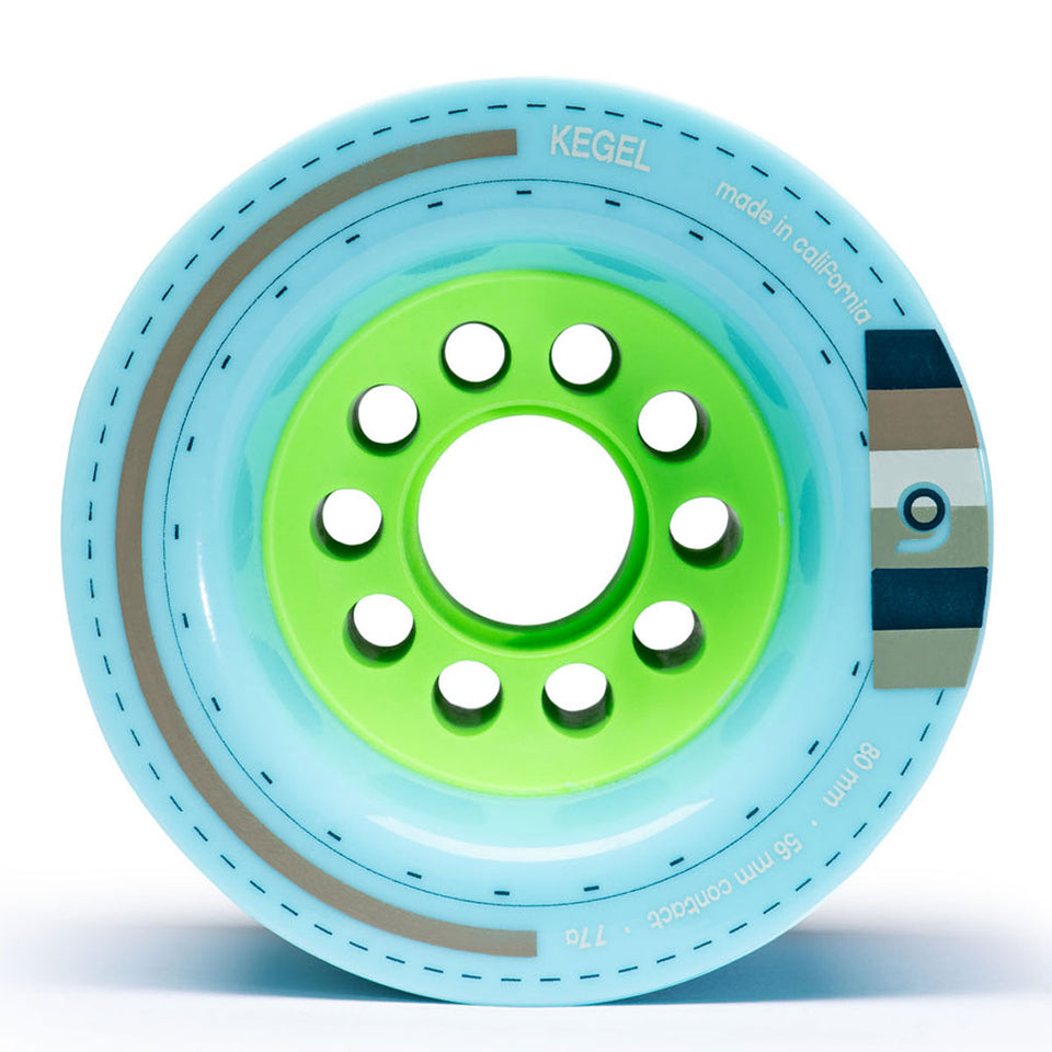 Orangatang 80mm Kegel (77a, blue) longboard skateboard wheel (front)