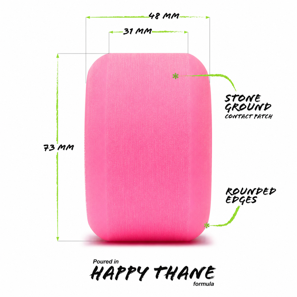 Orangatang 73mm Beefcake (83a, pink) longboard skateboard wheel (infographic)