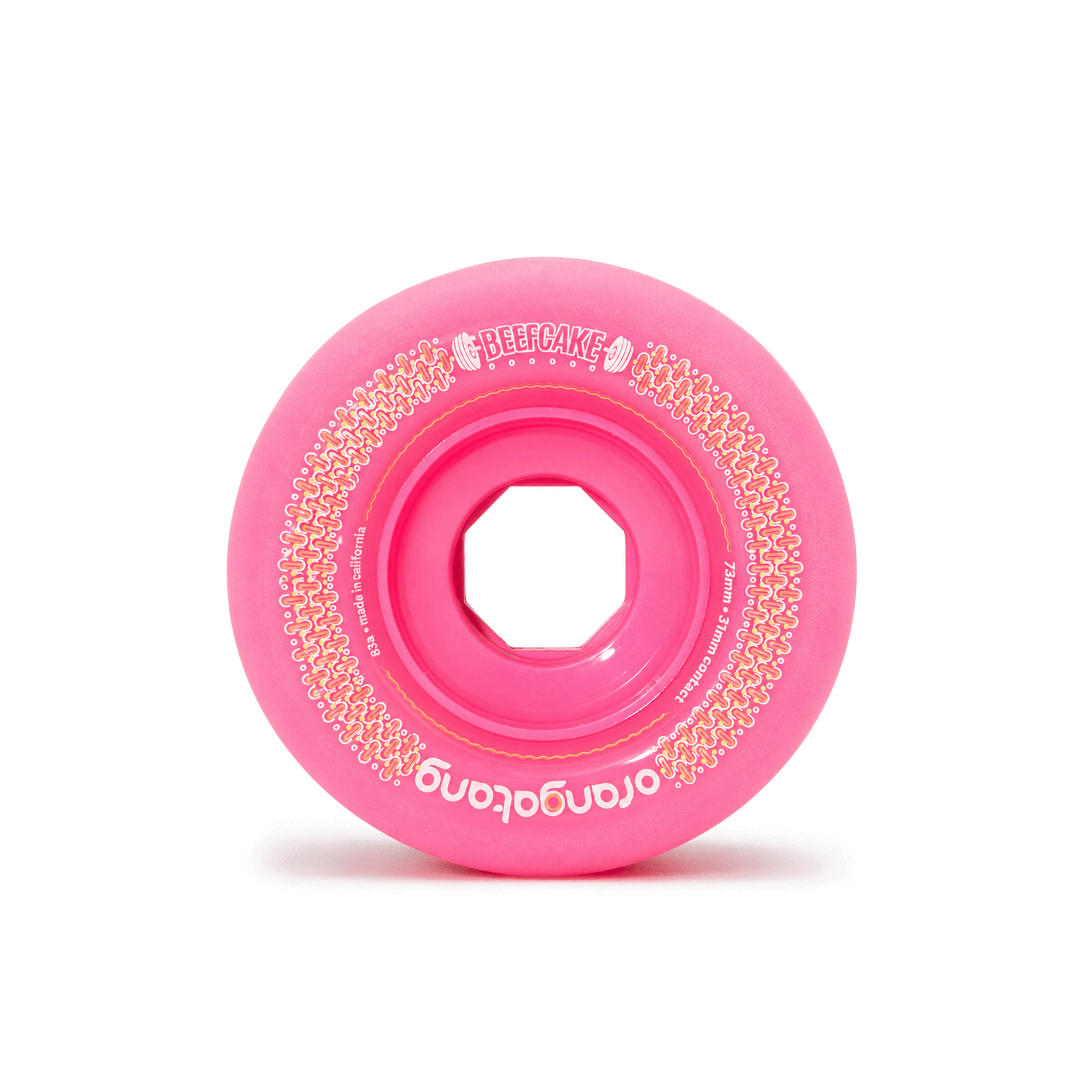 Orangatang 73mm Beefcake (83a, pink) longboard skateboard wheel (front)
