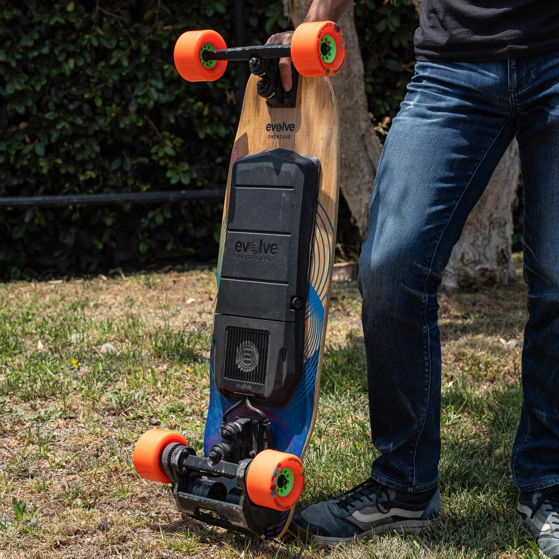 Orangatang Bee's Knees 90mm 80a wheels on Evolve Onirique electric longboard skateboard