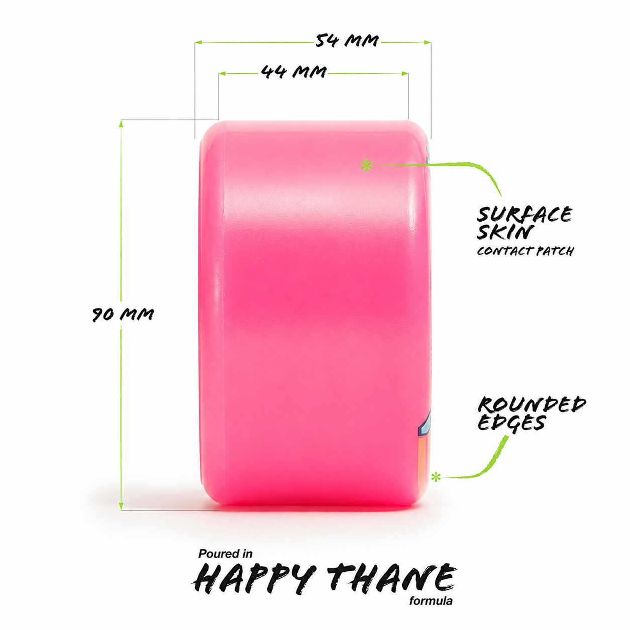 Orangatang 90mm Bee's Knees (83a, pink) longboard skateboard wheel, infographic