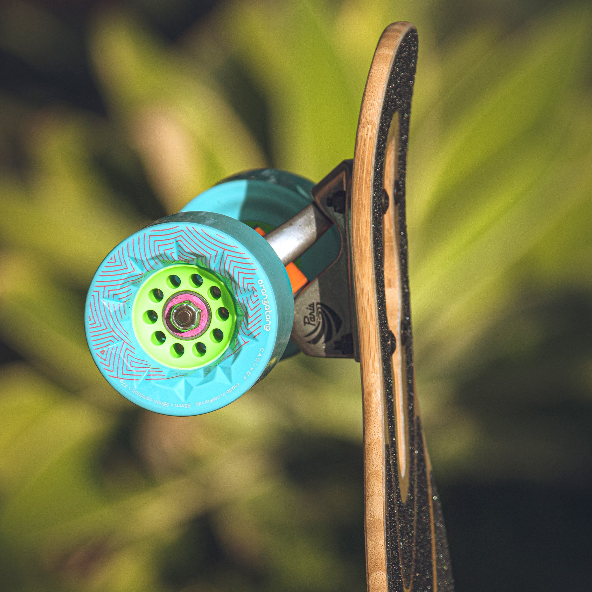 Close-up of a blue Orangatang Caguama 85mm wheel with green core mounted on a bamboo longboard, tilted against green foliage