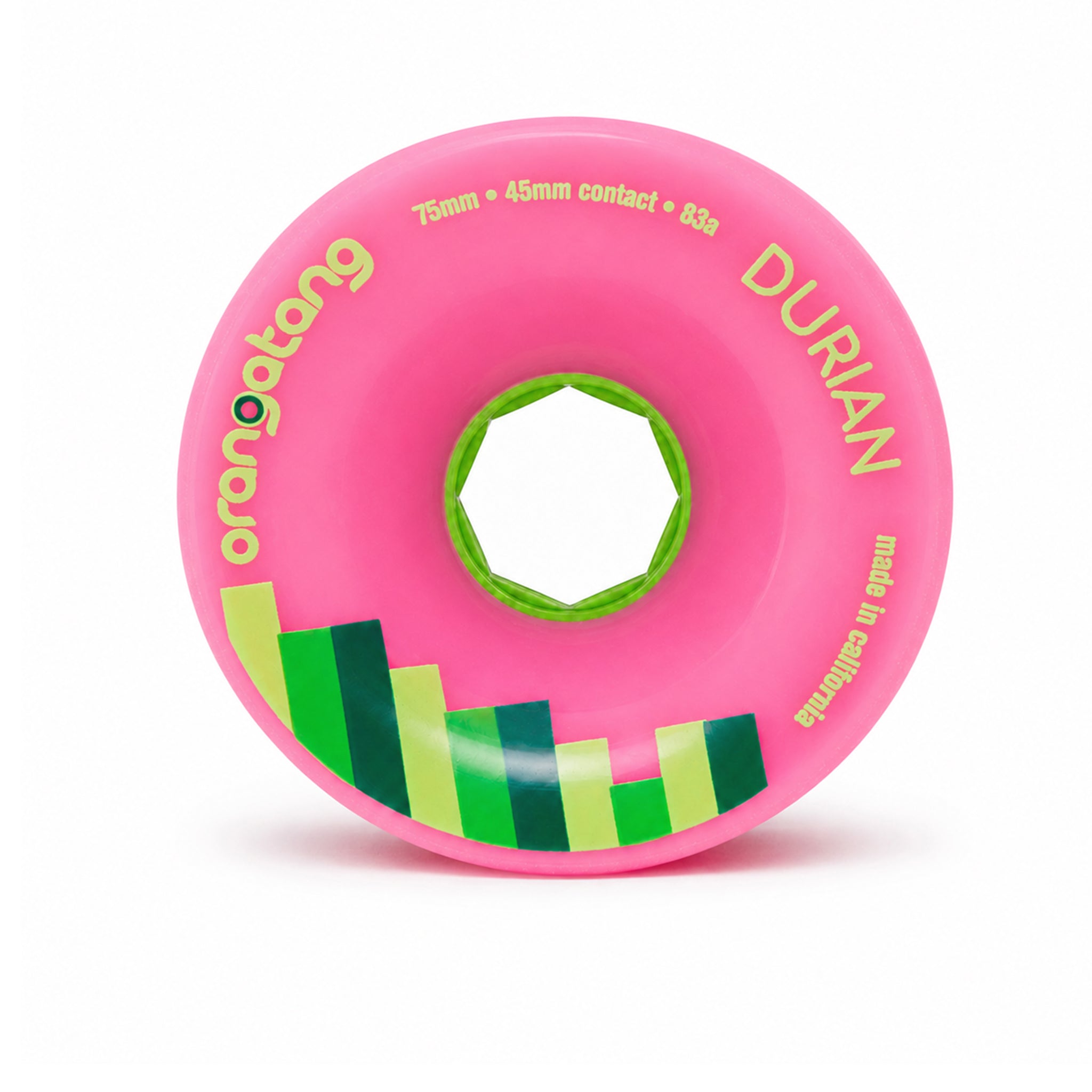 Orangatang 75mm Durian (83a, pink) longboard skateboard wheel (front)