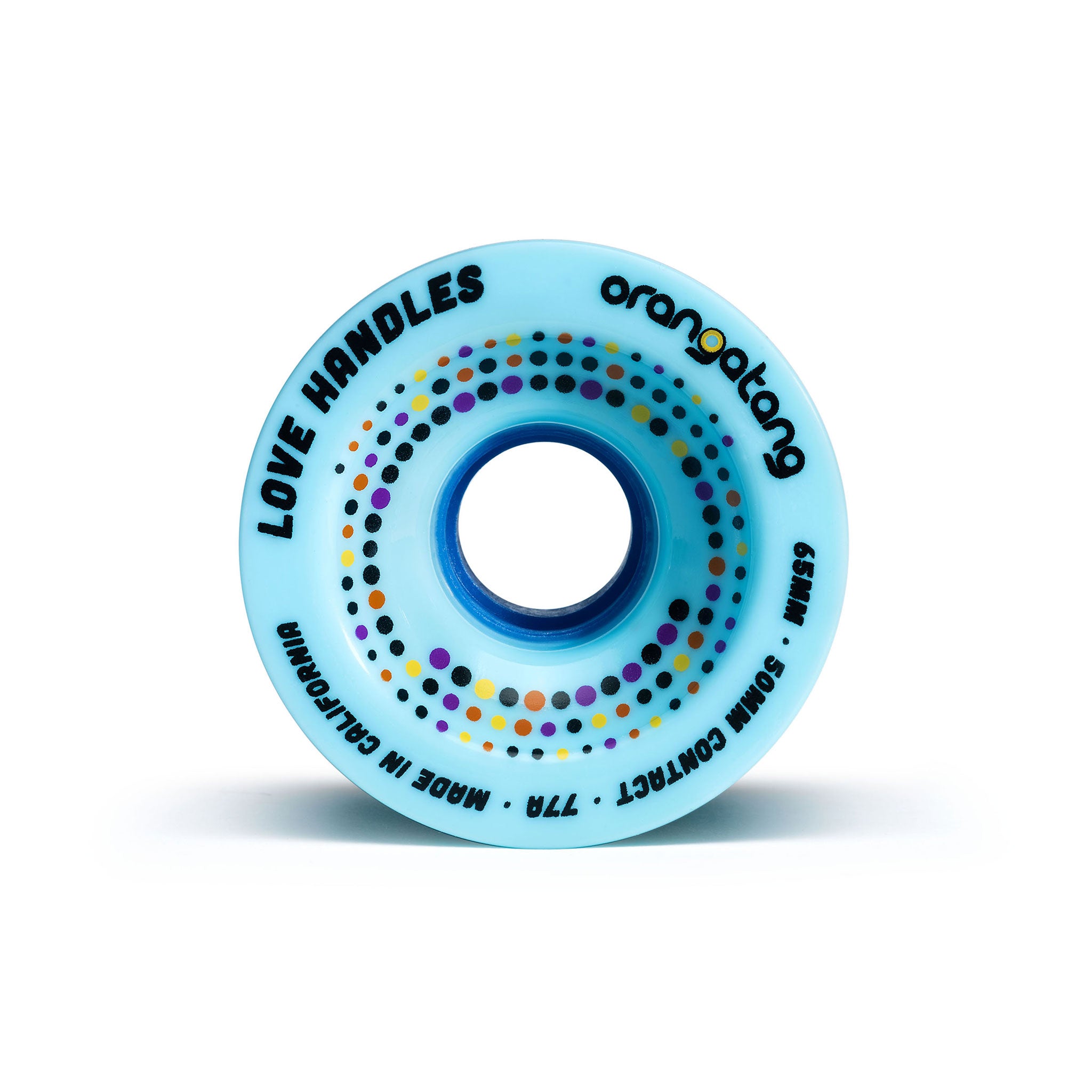 Orangatang 65mm Love Handles (77a, blue) longboard skateboard wheel (front)