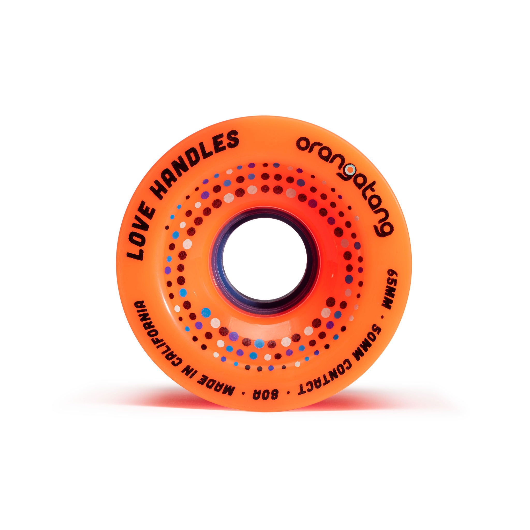 Orangatang 65mm Love Handles (80a, orange) longboard skateboard wheel (front)